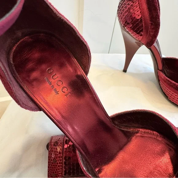 Rare Gucci Broadway Bordeaux Burgundy Velvet Sequins Clutch and Heels Set 6.5 - Picture 11 of 16